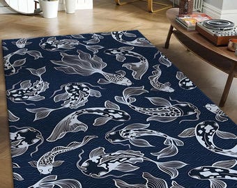 Japanese Koi Fish Area Rug: Navy Blue Elegant Artistic Design
