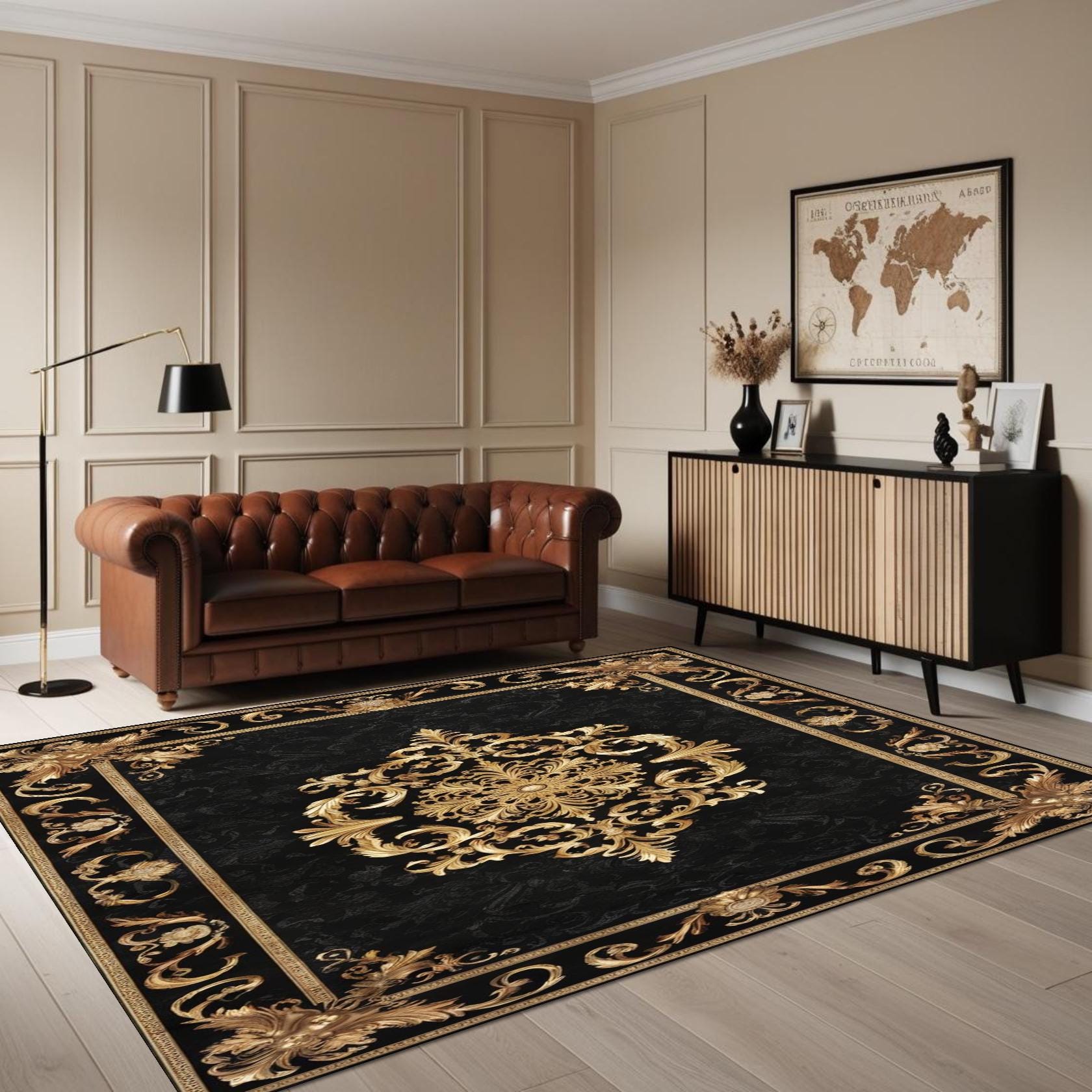 Black and Gold Baroque Rug - Elegant Ornamental Area Carpet - Etsy