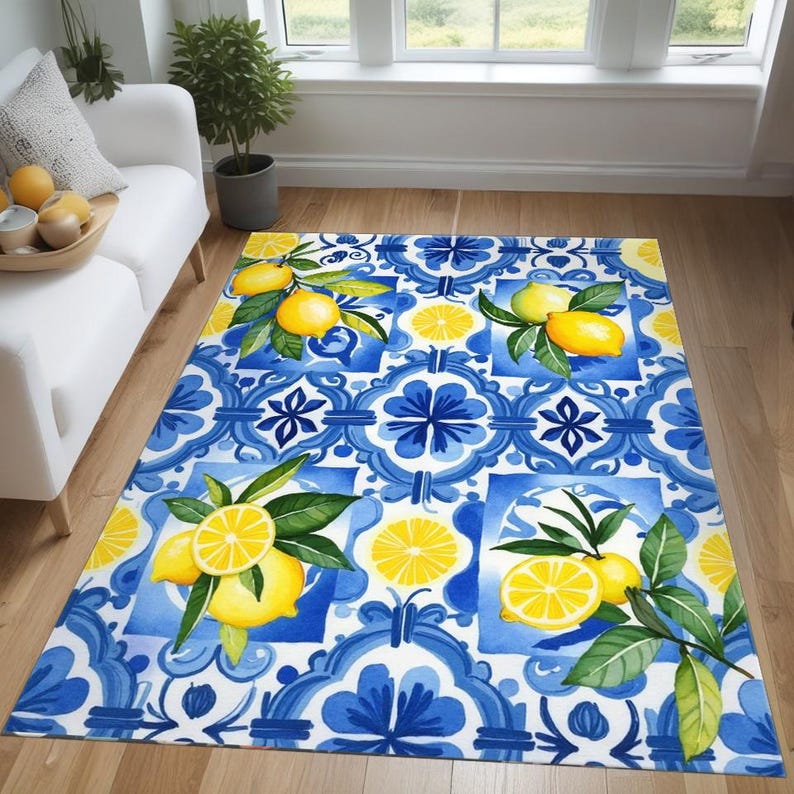 Lemon Kitchen Rug: Mediterranean Blue Tile, Non-slip Farmhouse Carpet ...