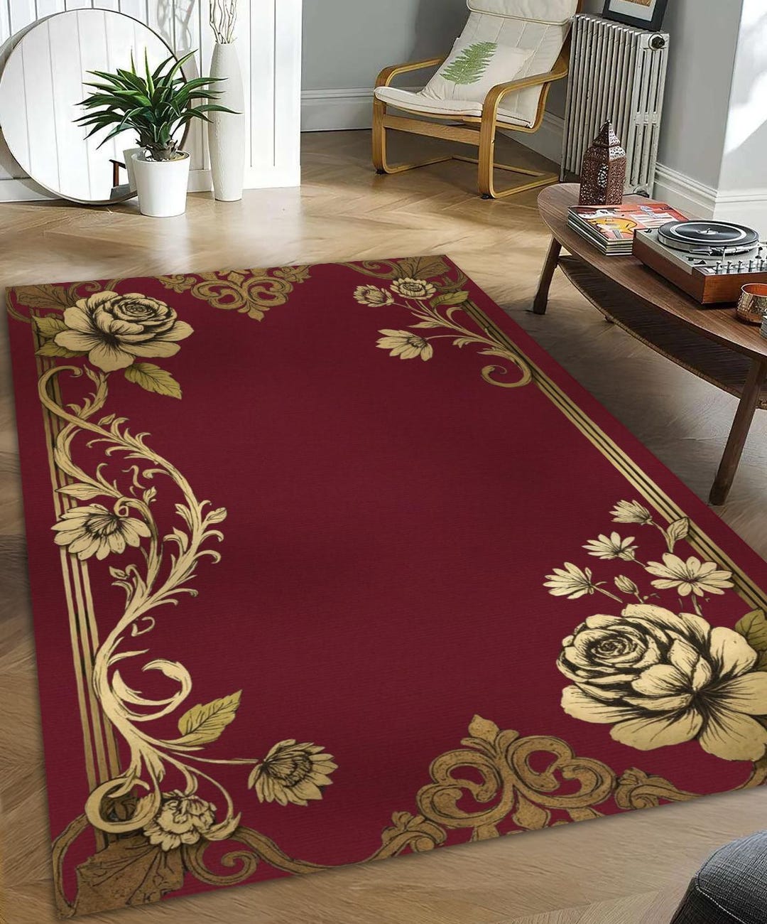 Elegant Floral Rug: Red & Gold Victorian Baroque Style - Etsy