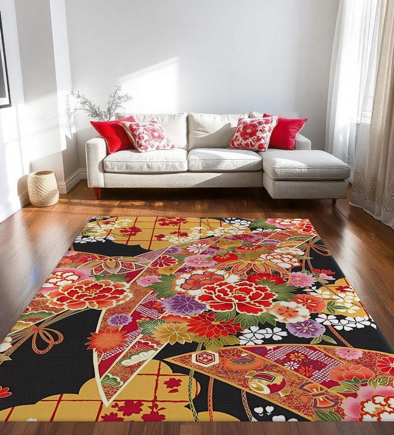 Japanese Rug Runner Japanese Floral Rug – Kimono-inspired Oriental Area Rug - Etsy