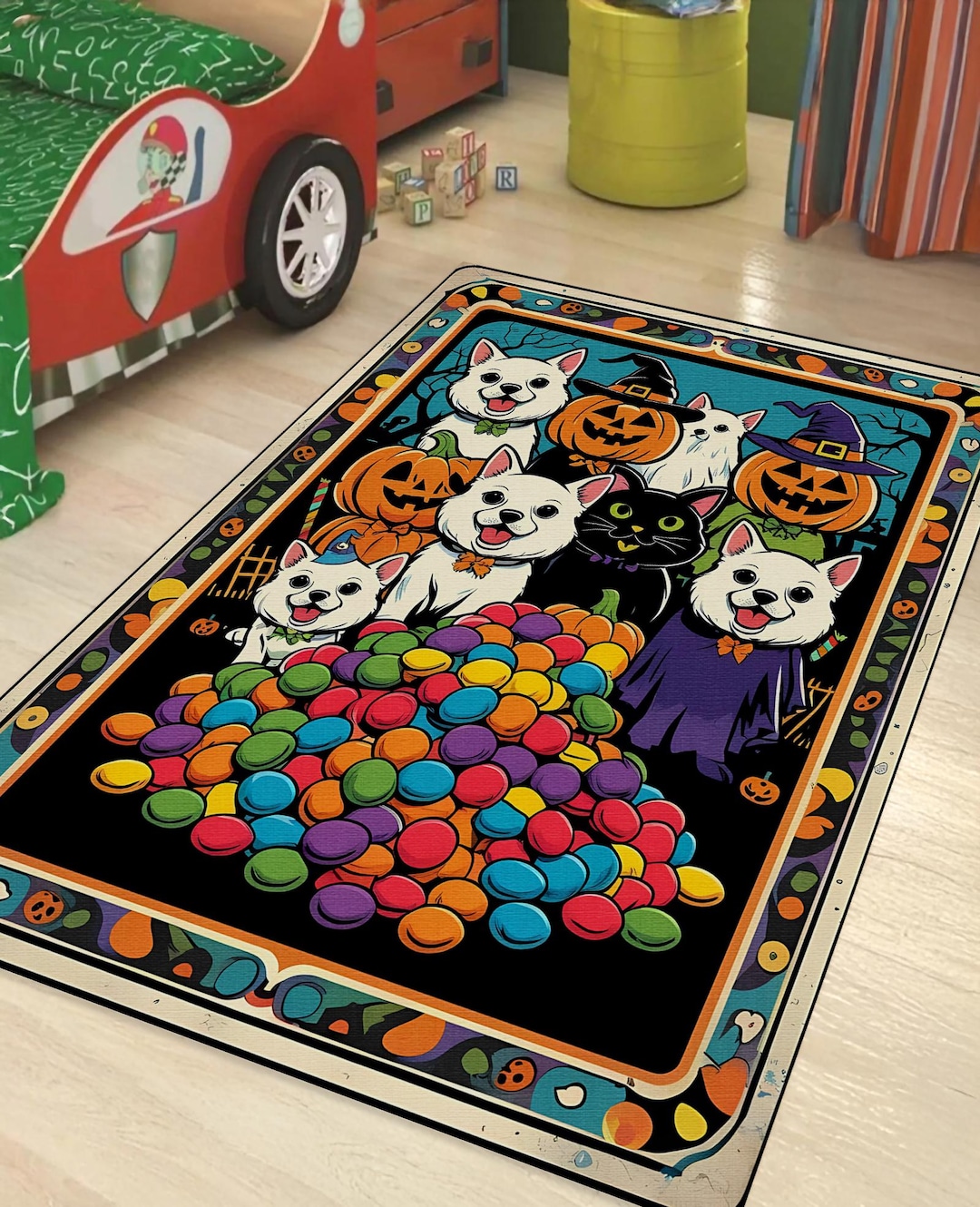 Kids Halloween Rug – Cute Dogs Cats With Pumpkins, Ghosts Candy ...