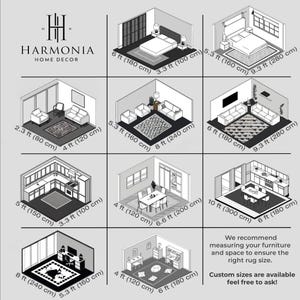 A rug size guide from Harmonia Home Decor displaying different room layouts with recommended rug dimensions. The grid-style image includes various rooms such as bedrooms, living rooms, kitchens, dining areas, offices, and kids playrooms, each labeled with specific rug sizes in feet and centimeters. The text at the bottom advises customers to measure their space before purchasing and mentions that custom sizes are available upon request.