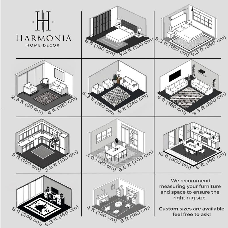 A rug size guide from Harmonia Home Decor displaying different room layouts with recommended rug dimensions. The grid-style image includes various rooms such as bedrooms, living rooms, kitchens, dining areas, offices, and kids playrooms, each labeled with specific rug sizes in feet and centimeters. The text at the bottom advises customers to measure their space before purchasing and mentions that custom sizes are available upon request.