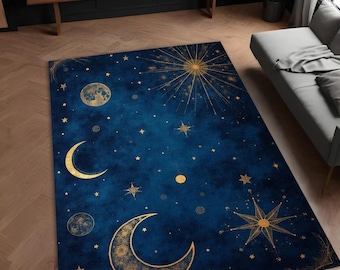 天体ラグ：深い青と金の月と星、洗える宇宙カーペット - Etsy 日本
