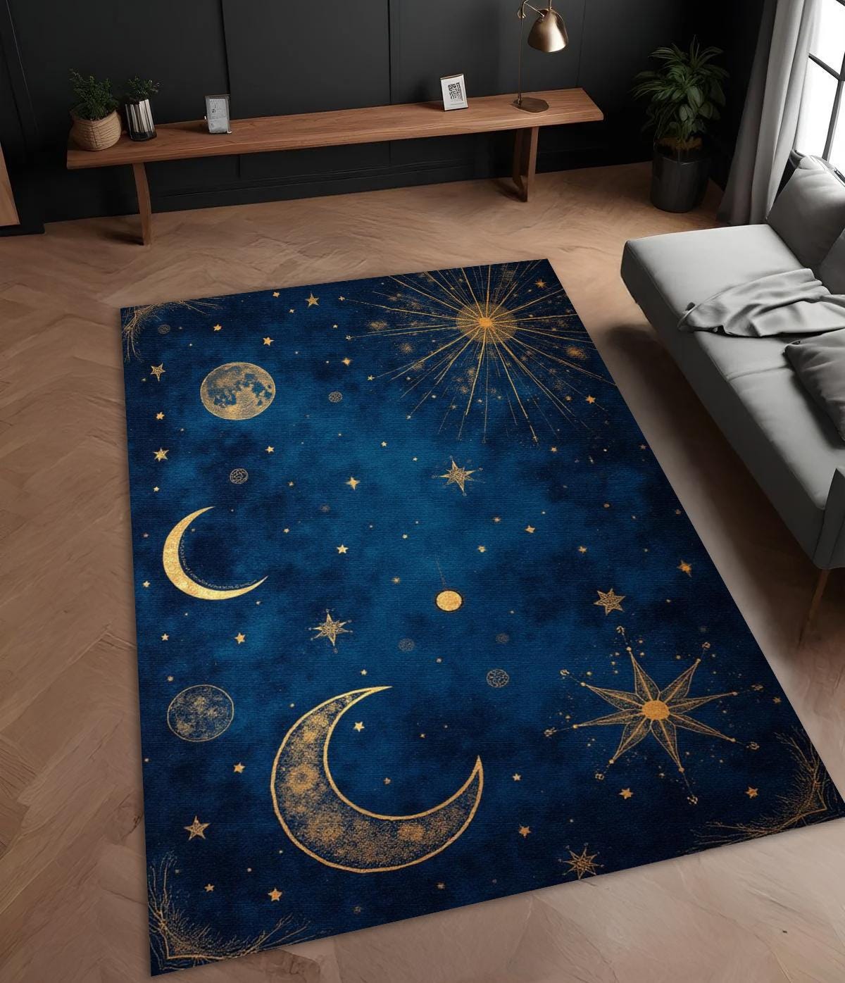 天体ラグ：深い青と金の月と星、洗える宇宙カーペット - Etsy 日本