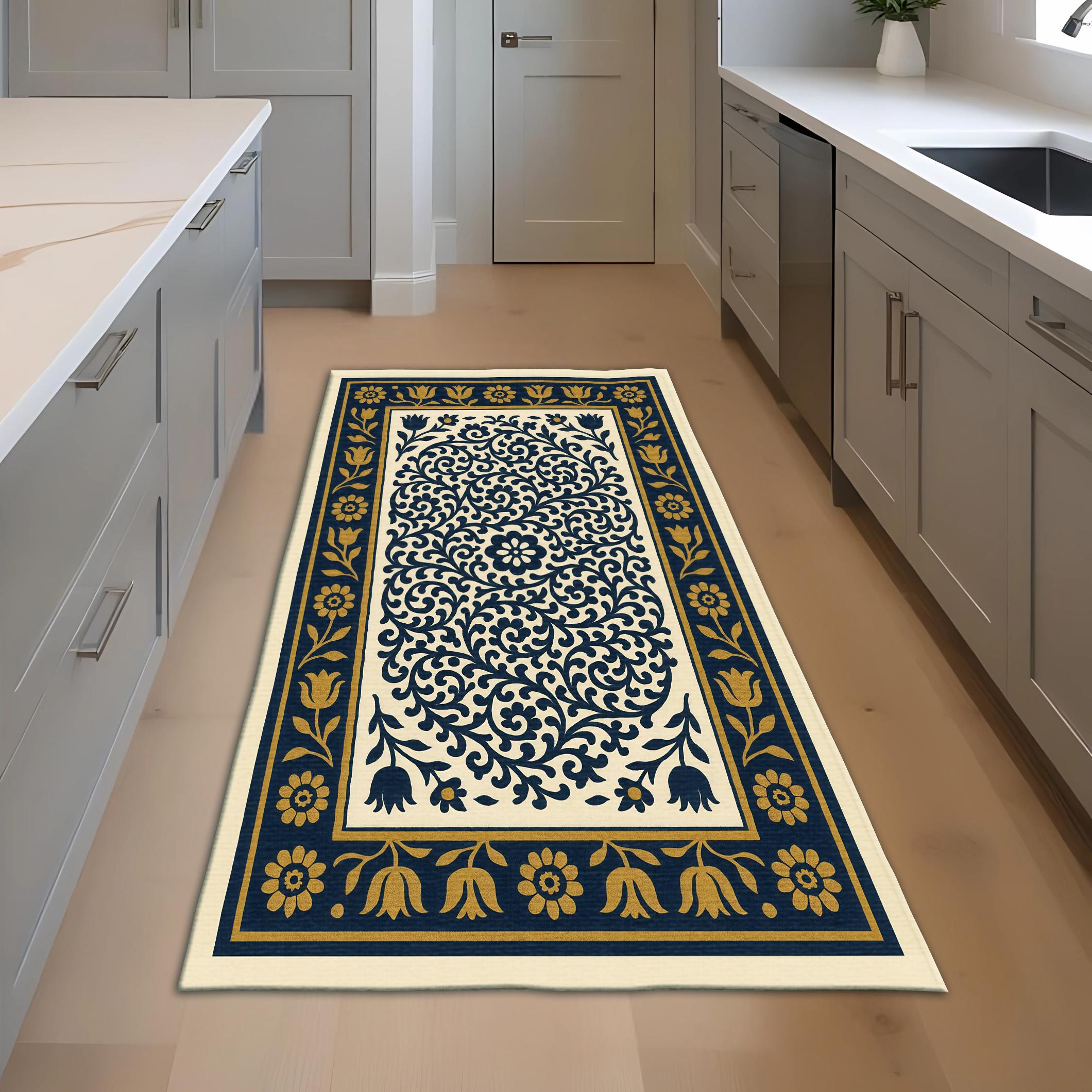 ネイビーブルーの花柄トルコタイルラグ：エレガントなリビングルームの
