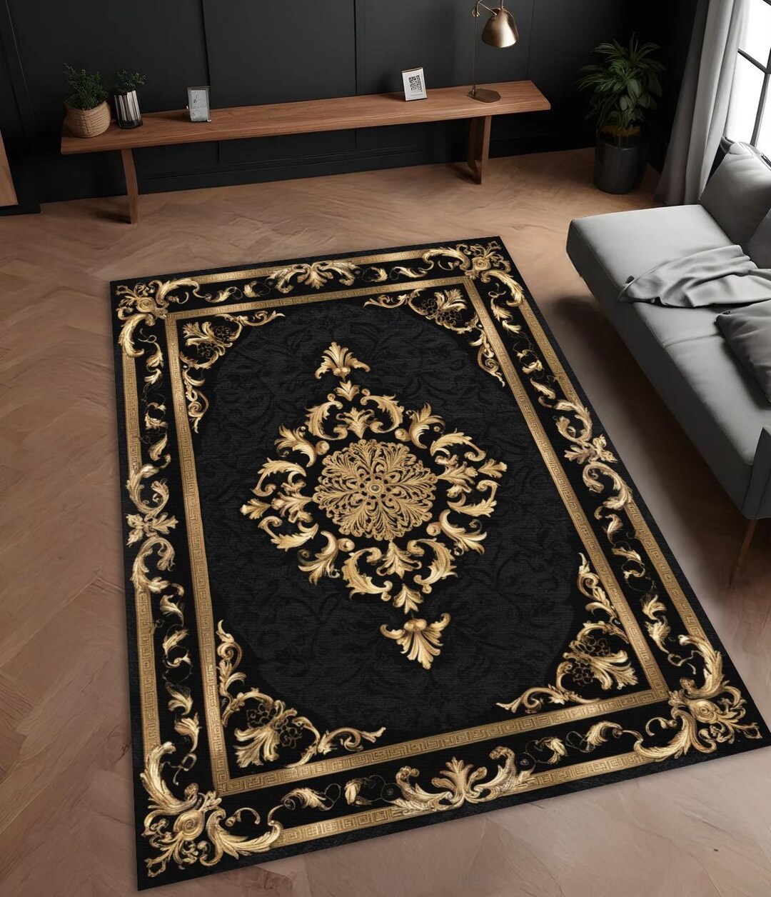 Black and Gold Baroque Rug - Elegant Ornamental Area Carpet - Etsy