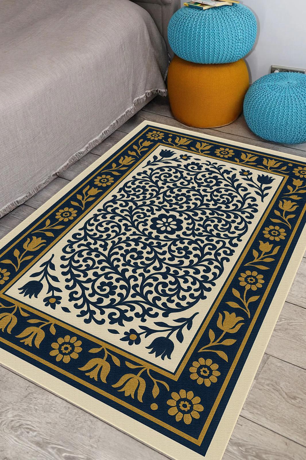 ネイビーブルーの花柄トルコタイルラグ：エレガントなリビングルームの