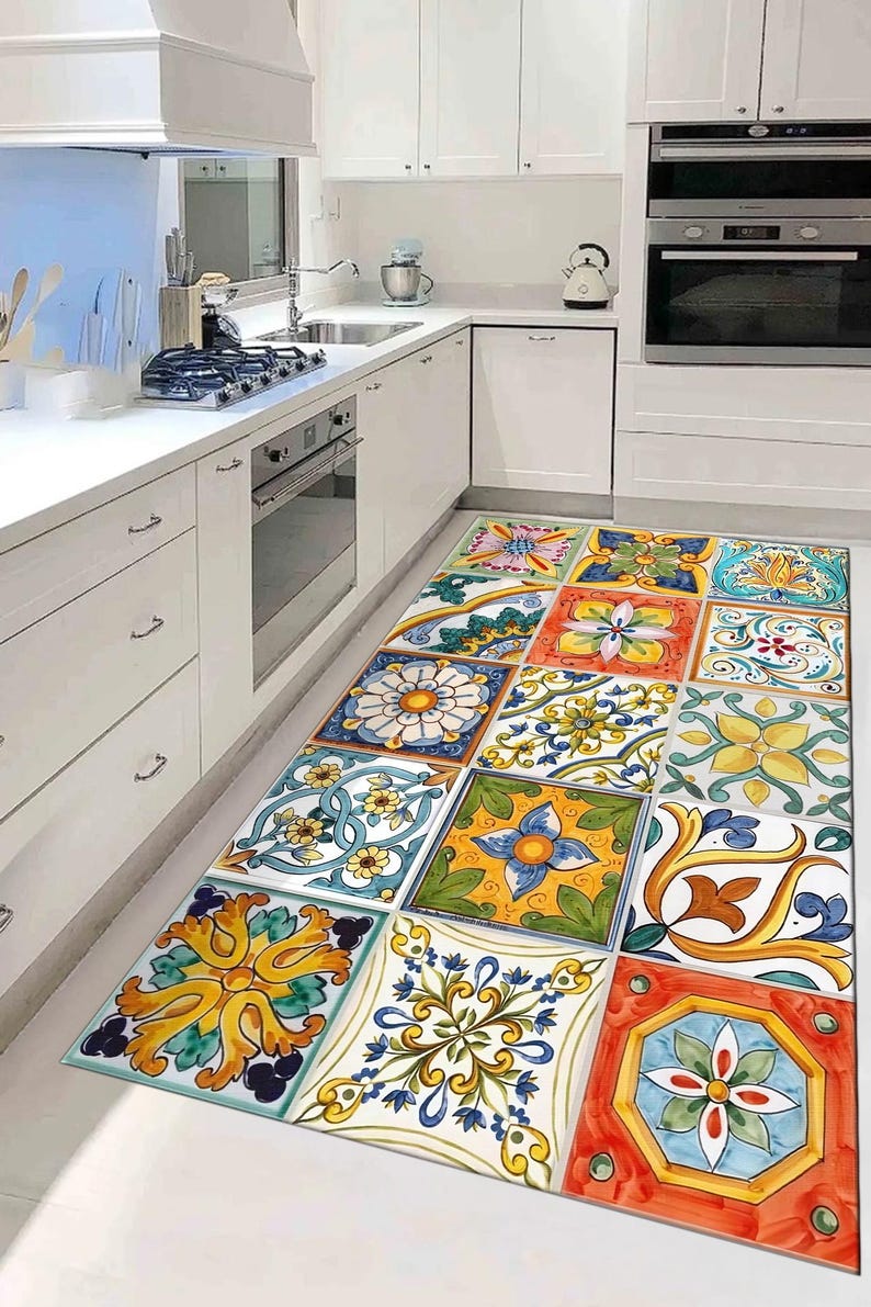 Mediterranean Tile Print Kitchen Rug: Colorful Spanish Moroccan Floor ...