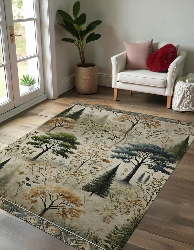 Woodland Area Rug: Rustic Forest Tree Print, Vintage Style - Etsy