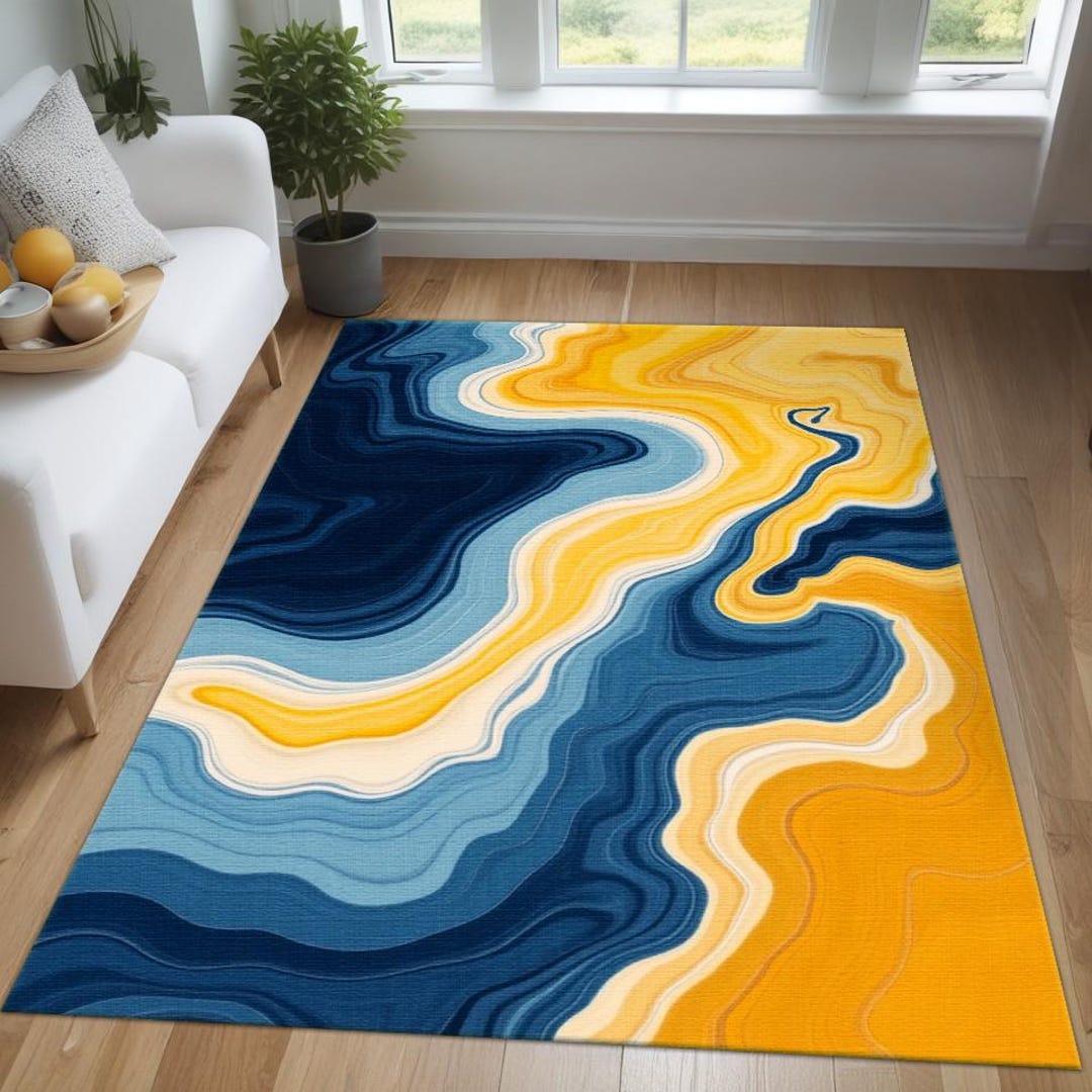 Abstract Wave Art Rug: Yellow, Blue, Boho Home Decor - Etsy