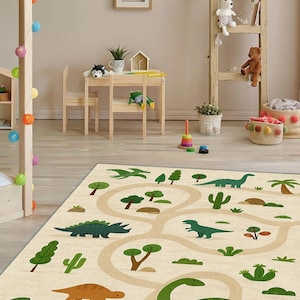 Dinosaur Adventure Rug – Cute Dino Play Mat with Pathways & Forest Details, Beige Green Kids Room Carpet for Toddlers, Preschoolers