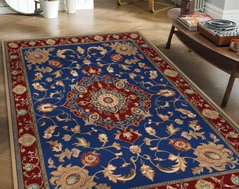 Blue Persian Style Medallion Rug: Oriental Floral Print Carpet
