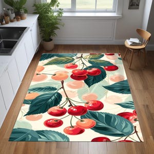 Cherry Kitchen Rug - Fruit Print Carpet - Vintage Farmhouse Kitchen Mat - Soft Washable Dining Room Rug - Rustic Summer Decor