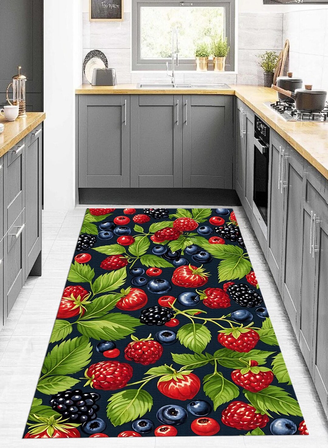 Berry Pattern Kitchen Rug – Vibrant Fruit Print, Washable Thin Carpet ...