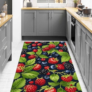 Berry Pattern Kitchen Rug – Vibrant Fruit-Themed Washable Mat, Strawberry Blueberry Raspberry Design for Food Lovers – Modern Thin Carpet