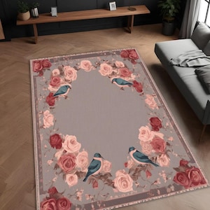 Tapis à fleurs romantique - Cadeau de Saint-Valentin - Roses roses et tapis d'oiseaux - Décoration d'intérieur élégante et antidérapante lavable pour chambre à coucher, salon