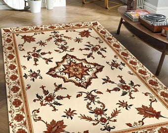Beige Brauner Medaillon Teppich im Vintage Stil