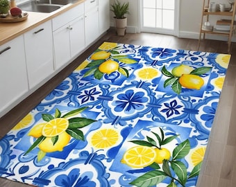 Tapete de cozinha Lemon: Azulejo azul mediterrâneo, carpete antiderrapante estilo fazenda