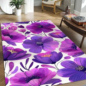 Purple Floral Area Rug - Vibrant Watercolor Flower Carpet - Aesthetic Home Decor - Soft Washable Mat for Living Room & Bedroom