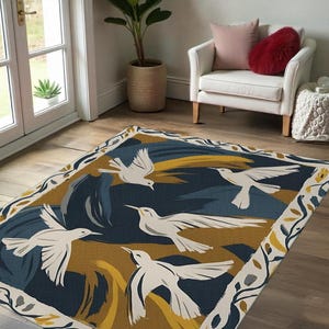 White Doves on Abstract Swirls – Van Gogh Inspired Digitally Printed Artistic Rug for Living Room, Studio, or Creative Spaces