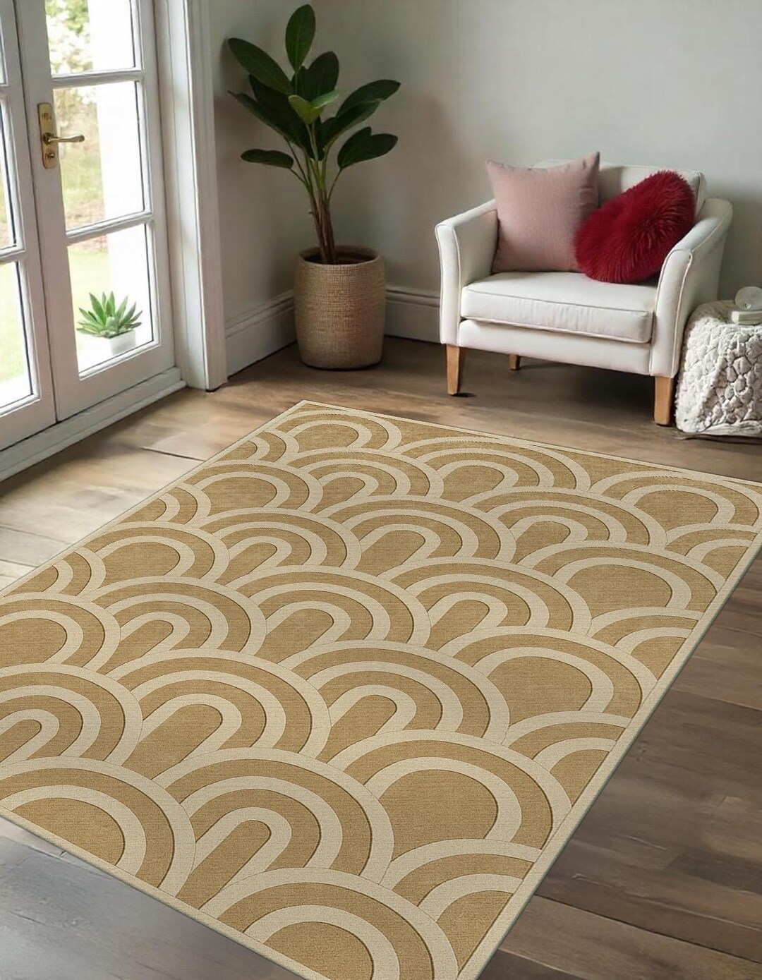 Arc Rug Beige and Caramel Arc Rug: Modern Rainbow Curve Design - Etsy