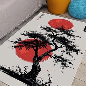Inspired by Japanese Sumi-e ink art, this stunning Zen-inspired rug brings the beauty of traditional Japanese culture into your home. Featuring a bold red sun (Hinomaru), a graceful bonsai tree, and elegant brushwork, this rug reflects harmony, balance, and simplicity—the essence of Zen aesthetics.