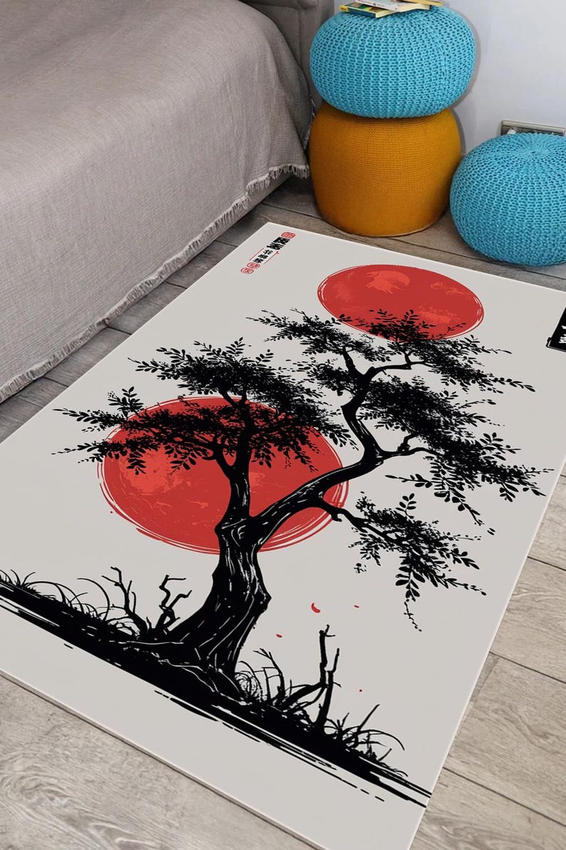 Inspired by Japanese Sumi-e ink art, this stunning Zen-inspired rug brings the beauty of traditional Japanese culture into your home. Featuring a bold red sun (Hinomaru), a graceful bonsai tree, and elegant brushwork, this rug reflects harmony, balance, and simplicity—the essence of Zen aesthetics.