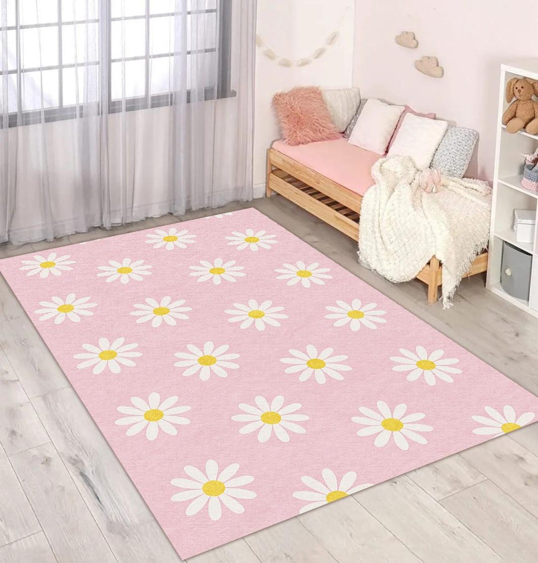 Fun Daisy Rug Pink Daisy Rug – Pastel Floral Nursery Carpet - Etsy