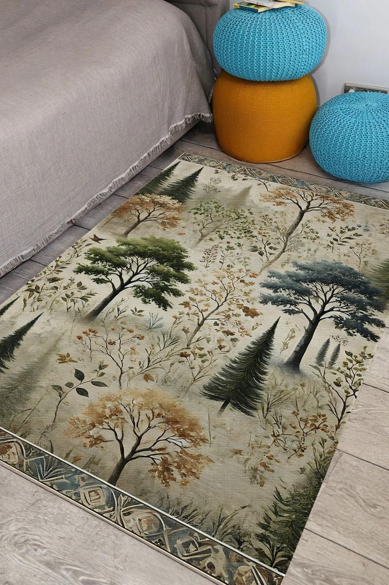 Woodland Area Rug: Rustic Forest Tree Print, Vintage Style - Etsy