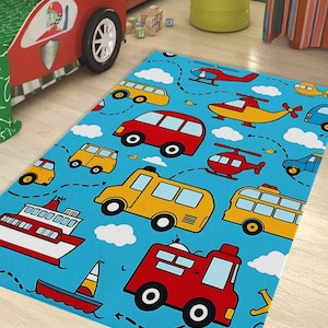 Transportation Kids Rug: Playroom Carpet with Cars, Buses, Helicopters
