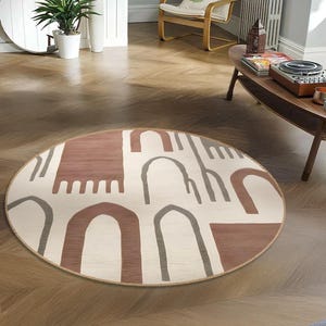 Modern Round Rug – Abstract Boho Archway Carpet, Minimalist Beige & Terracotta Circle Rug, Soft Contemporary Floor Decor
