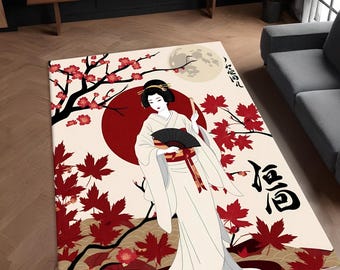 Geisha Woman Rug: Japanese Art, Red Maple Design