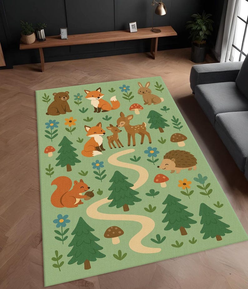 Woodland Animals Kids Rug – Forest Scene Nursery Play Carpet - Etsy