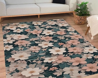 Floral Rustic Area Rug: Soft Pink Blossoms, Non-Slip, Washable