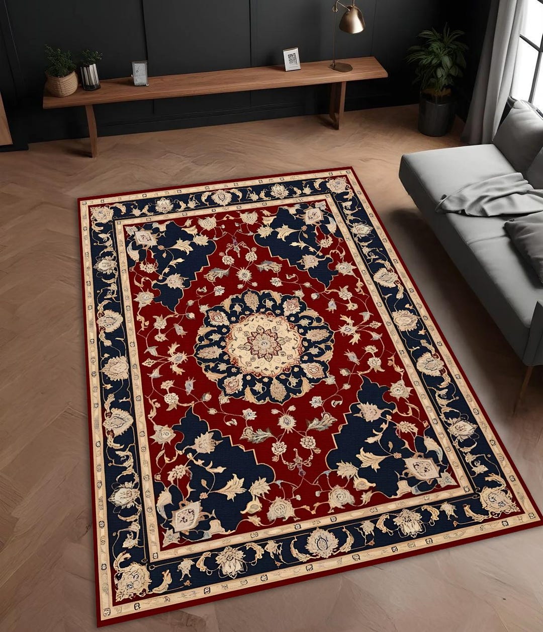 Persian Inspired Medallion Rug: Red & Navy Floral Print, Vintage ...