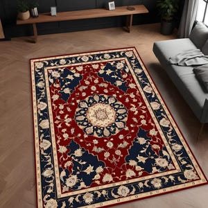 Persian Medallion Rug - Red & Navy Oriental Carpet - Classic Floral Area Rug - Traditional Vintage-Inspired Home Decor - Non-Slip
