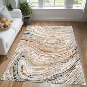 Modern Abstract Marble Rug – Neutral Beige, Gold Gray Swirl Pattern, Luxury Contemporary Area Rug for Living Room & Bedroom Decor