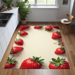 Fresh Strawberry Kitchen Rug - Red Fruit Border Carpet - Soft Washable Non-Slip Mat - Summer Farmhouse Kitchen Decor & Dining Room Accent