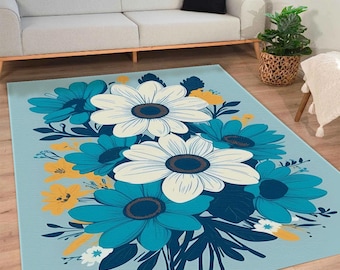Blue Floral Area Rug: Modern Botanical Design, Cozy Living Room Carpet