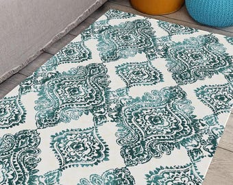 Boho Teal Medallion Rug – Distressed Vintage-Inspired Carpet
