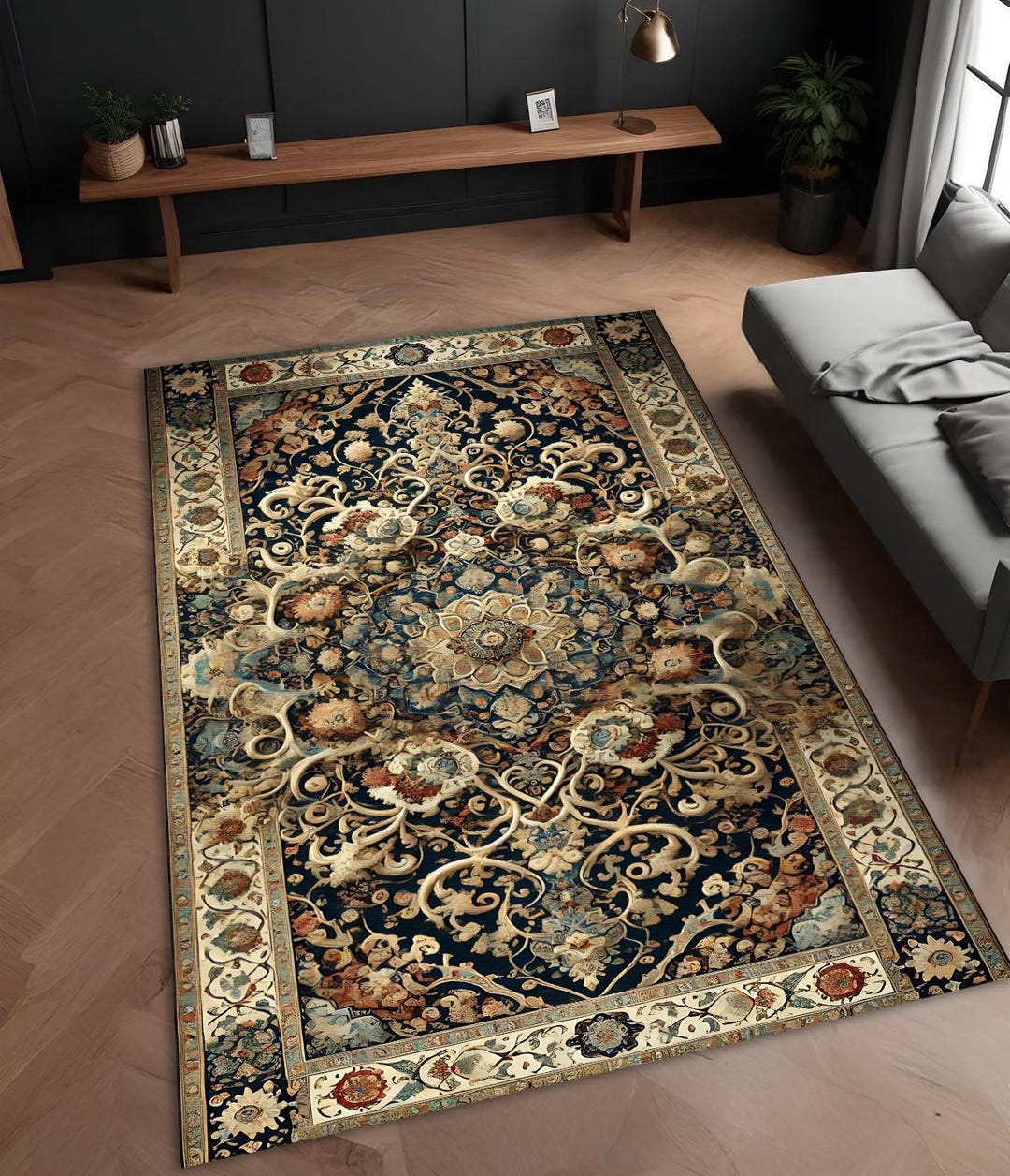 Pure Gold Saudi Rug Persian Style Rug: Navy Gold Floral Medallion, Elegant Oriental Carpet ...