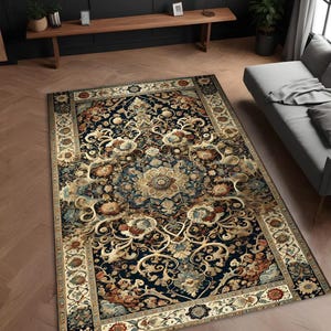 Traditional Persian Floral Rug - Elegant Navy Gold Oriental Carpet for Living Room Bedroom - Classic Luxury Medallion Design - Soft Durable