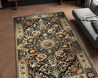 May include: A navy blue rug with a detailed floral pattern in shades of gold, cream, and brown. The rug has a cream border with a floral design.