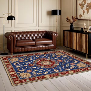 Blue Traditional Persian Rug - Classic Floral Oriental Carpet - Vintage Turkish Medallion Mat - Elegant Home Decor for Living Room Bedroom