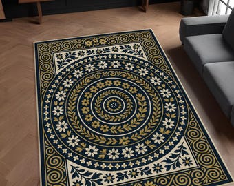 Marinegouden vloerkleed met bloemenmedaillon: op keramiek geïnspireerd elegant vloertapijt