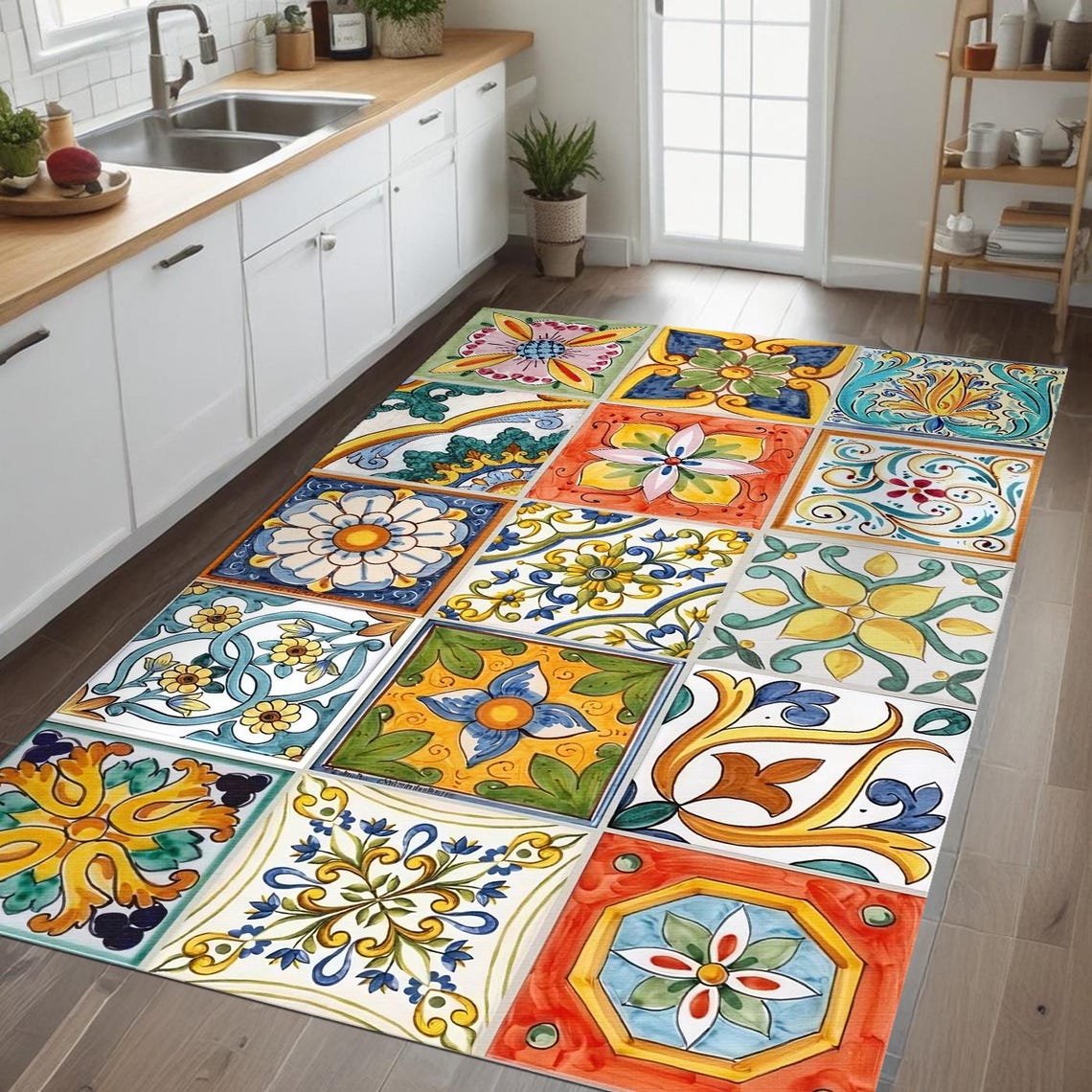 Mediterranean Tile Print Kitchen Rug: Colorful Spanish Moroccan Floor ...