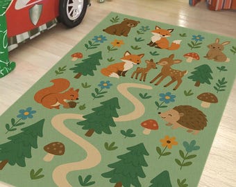 Woodland Animals Kids Rug – Forest Scene Nursery Play Carpet
