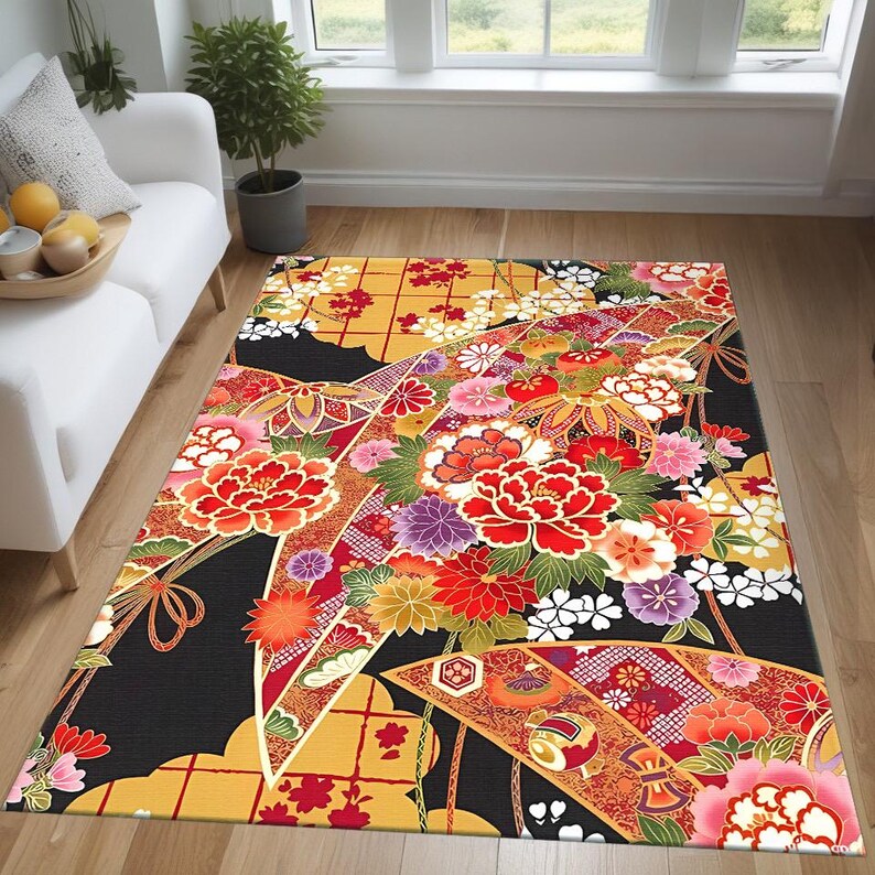 Japanese Pattern Rug Background Japanese Floral Rug – Kimono-inspired Oriental Area Rug - Etsy